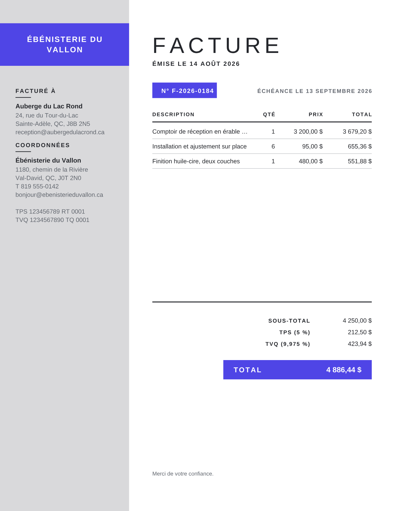 Facture d'exemple rendue avec le gabarit Bloc
