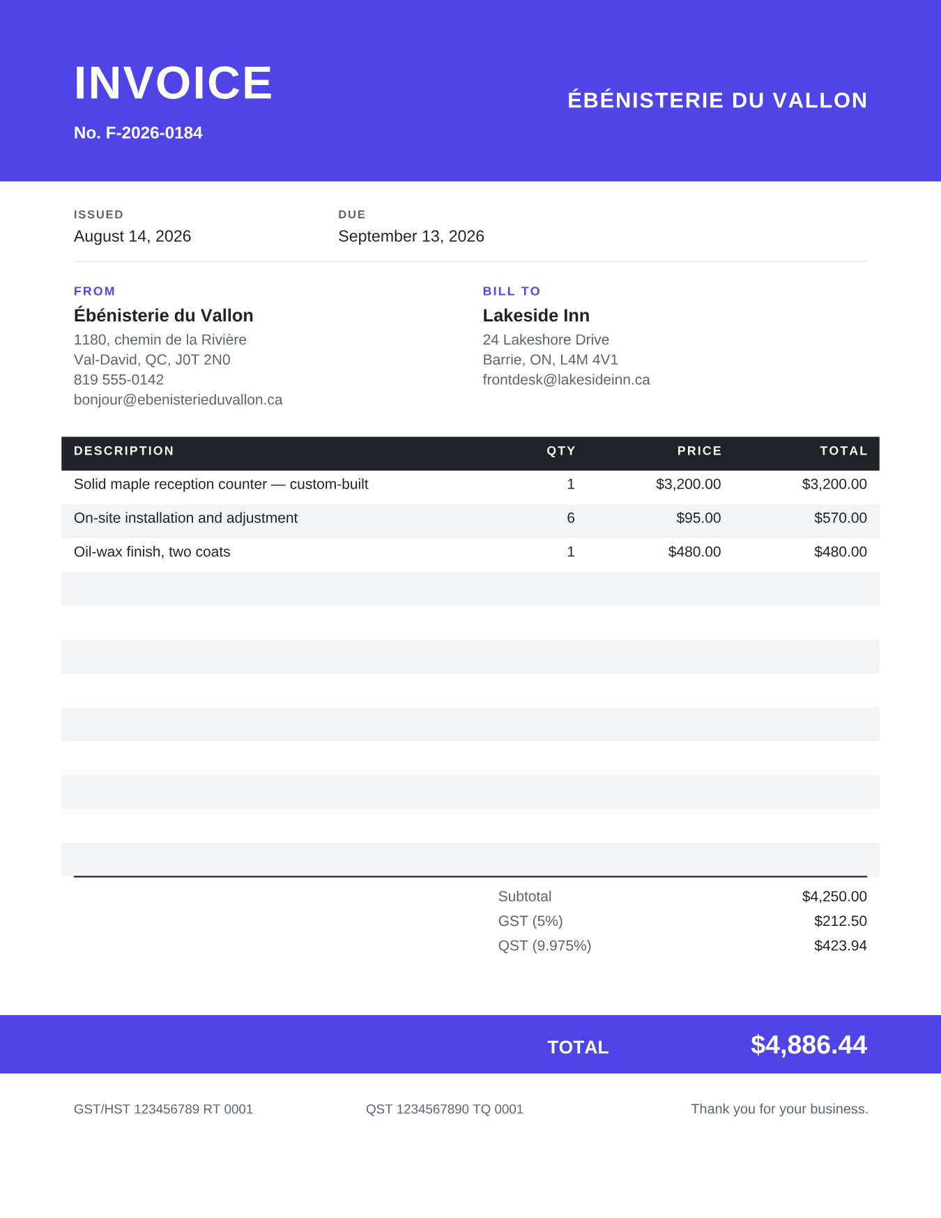 Sample invoice rendered with the Bandeau template