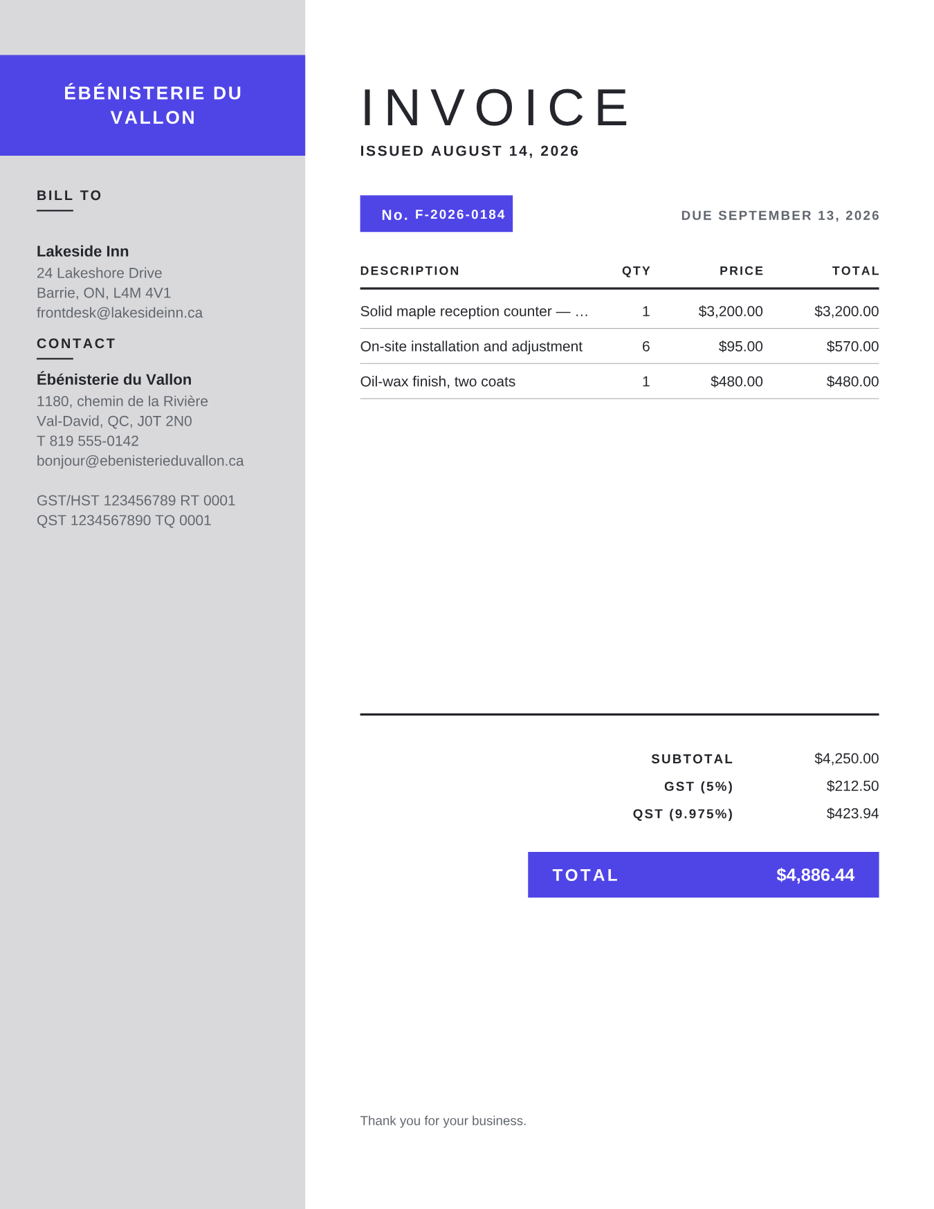 Sample invoice rendered with the Bloc template