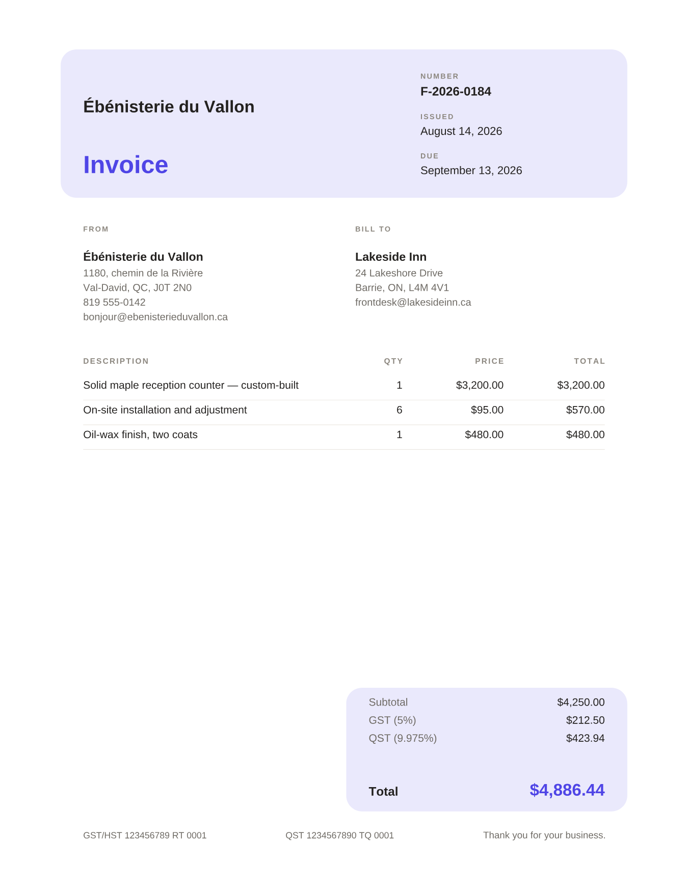 Sample invoice rendered with the Cartouche template