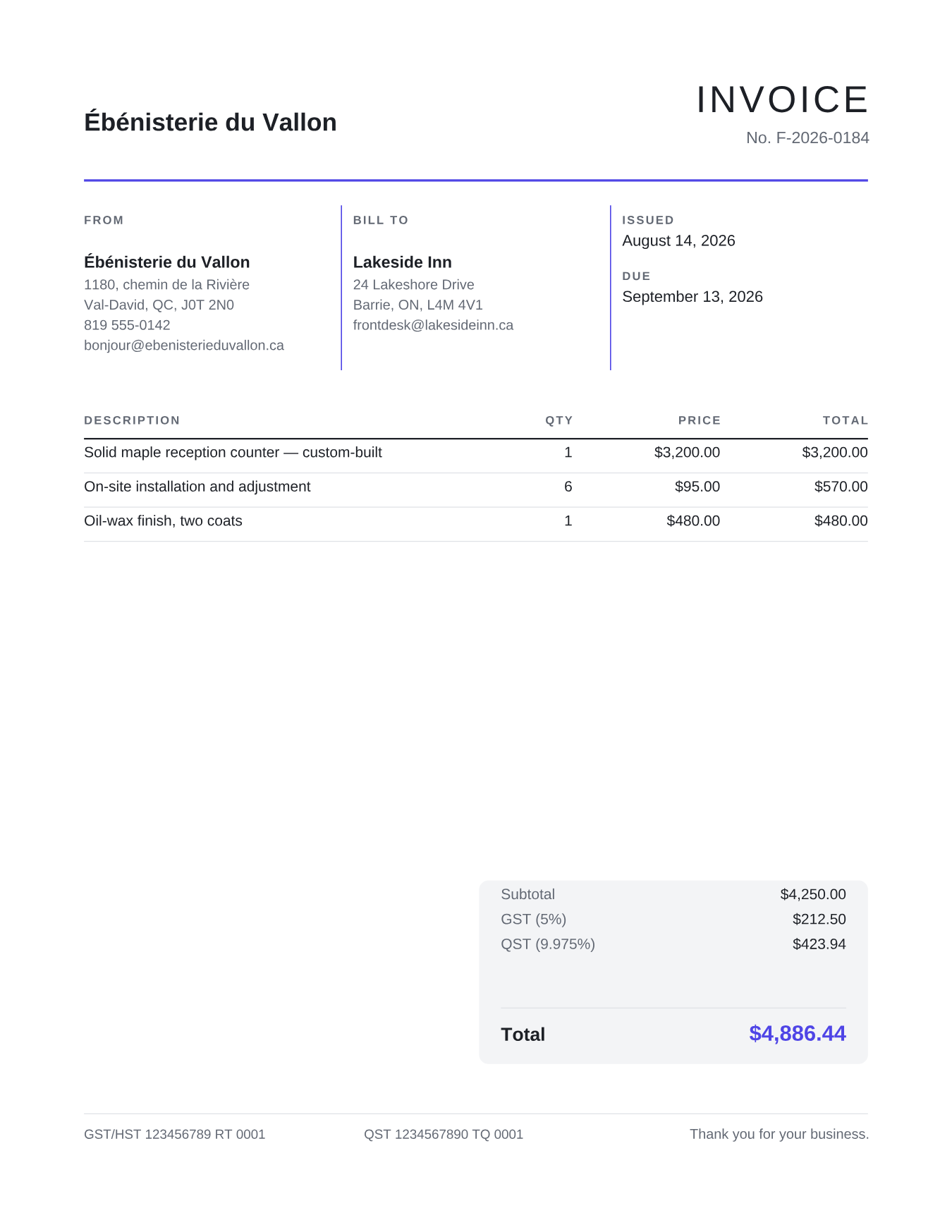 Sample invoice rendered with the Colonnes template