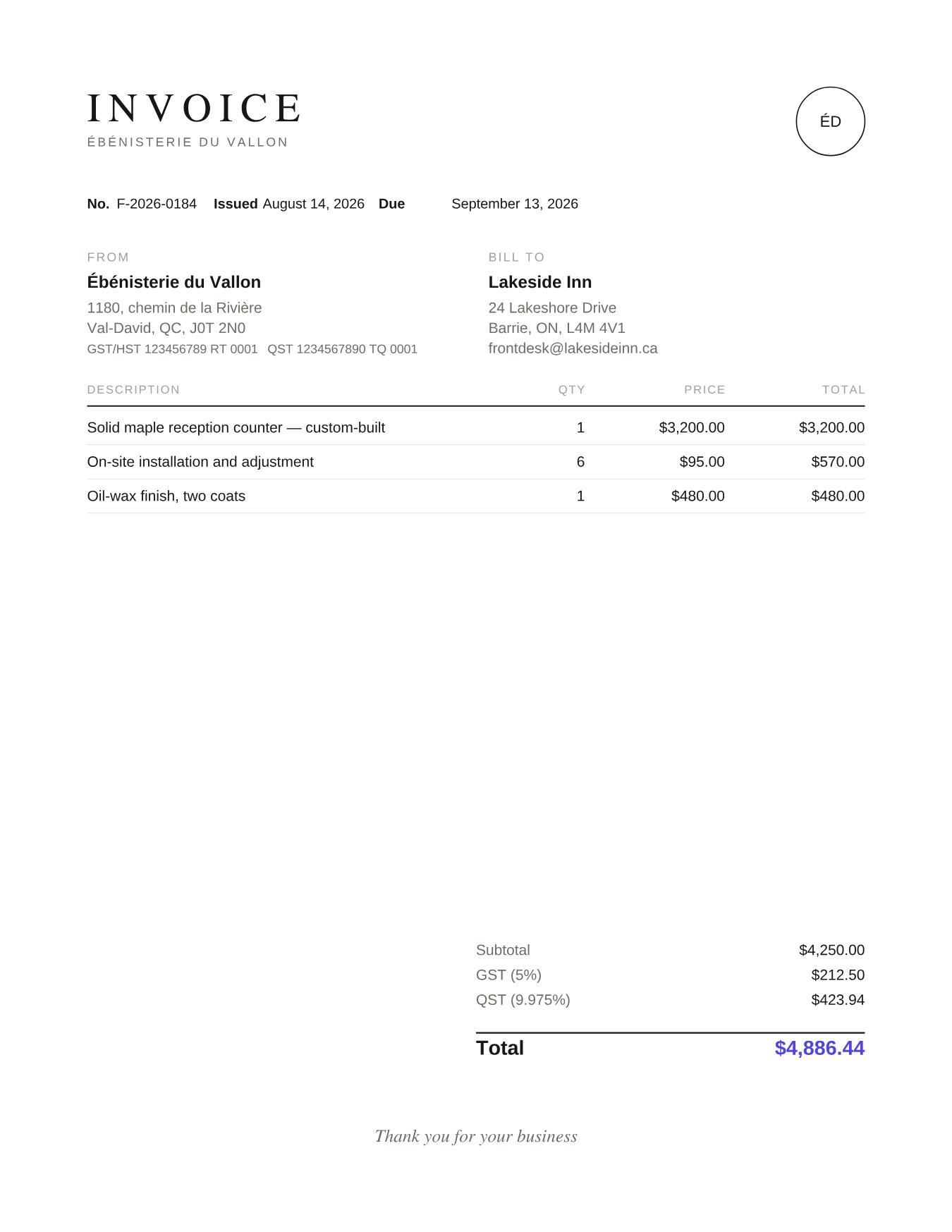 Sample invoice rendered with the Filet template