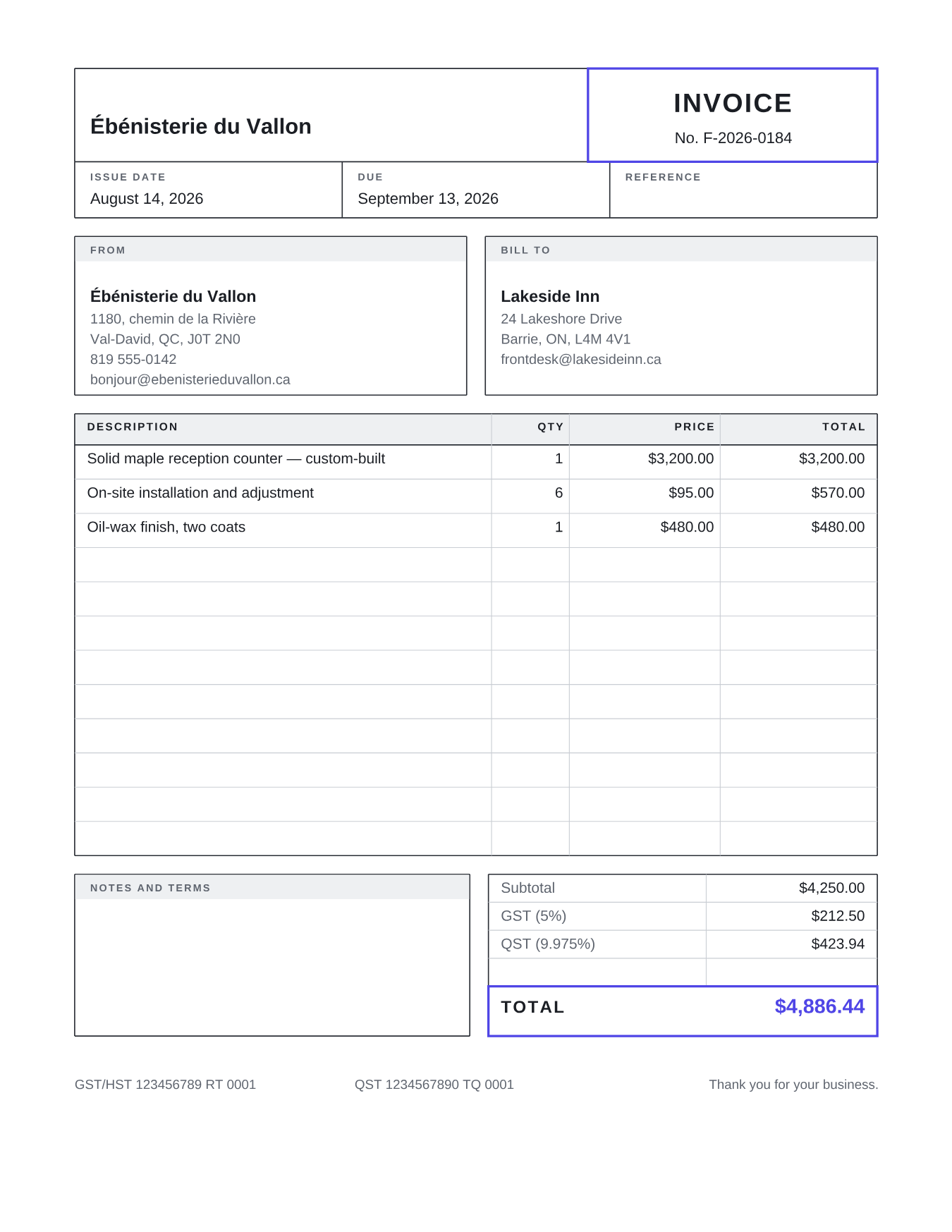 Sample invoice rendered with the Grille template