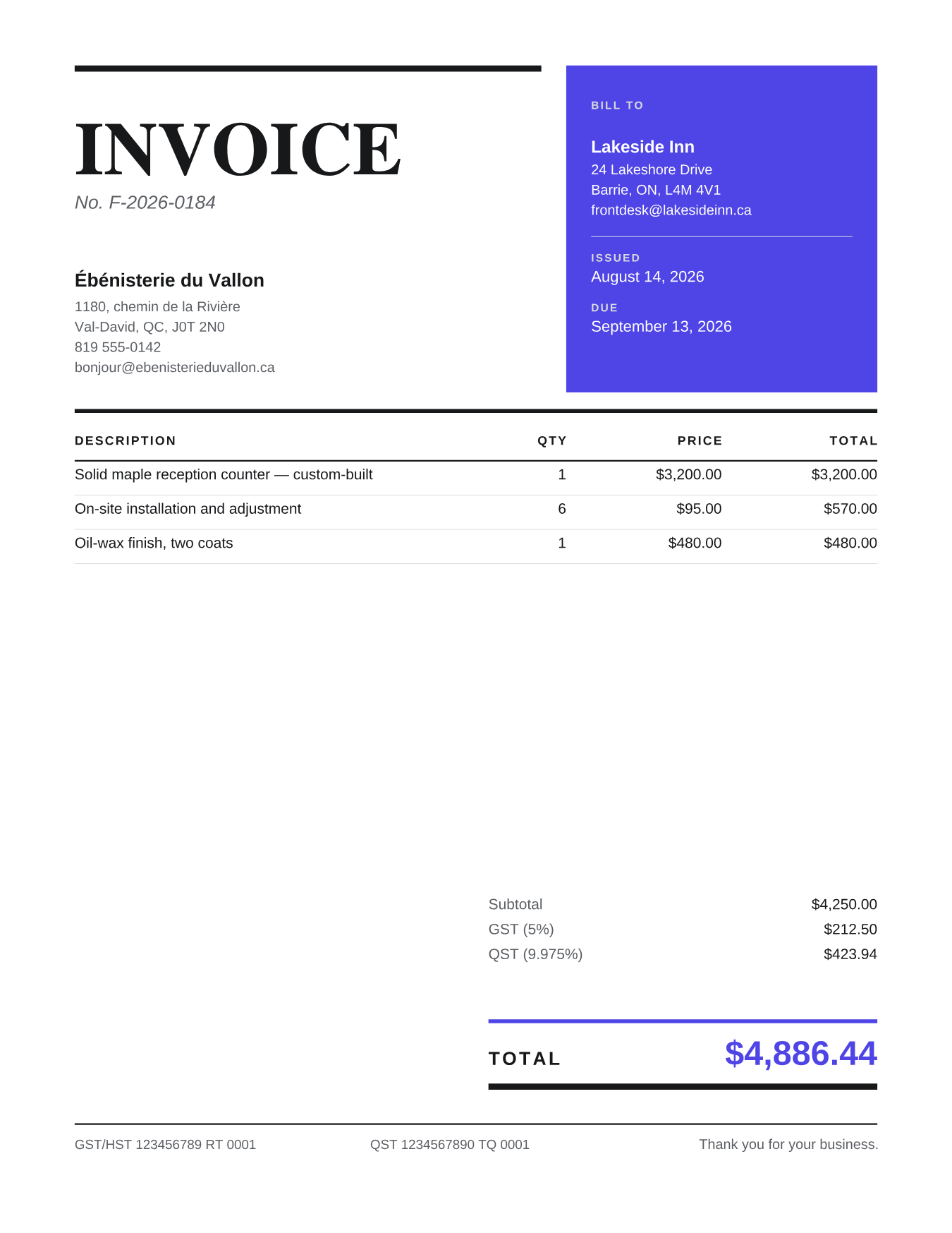 Sample invoice rendered with the Journal template