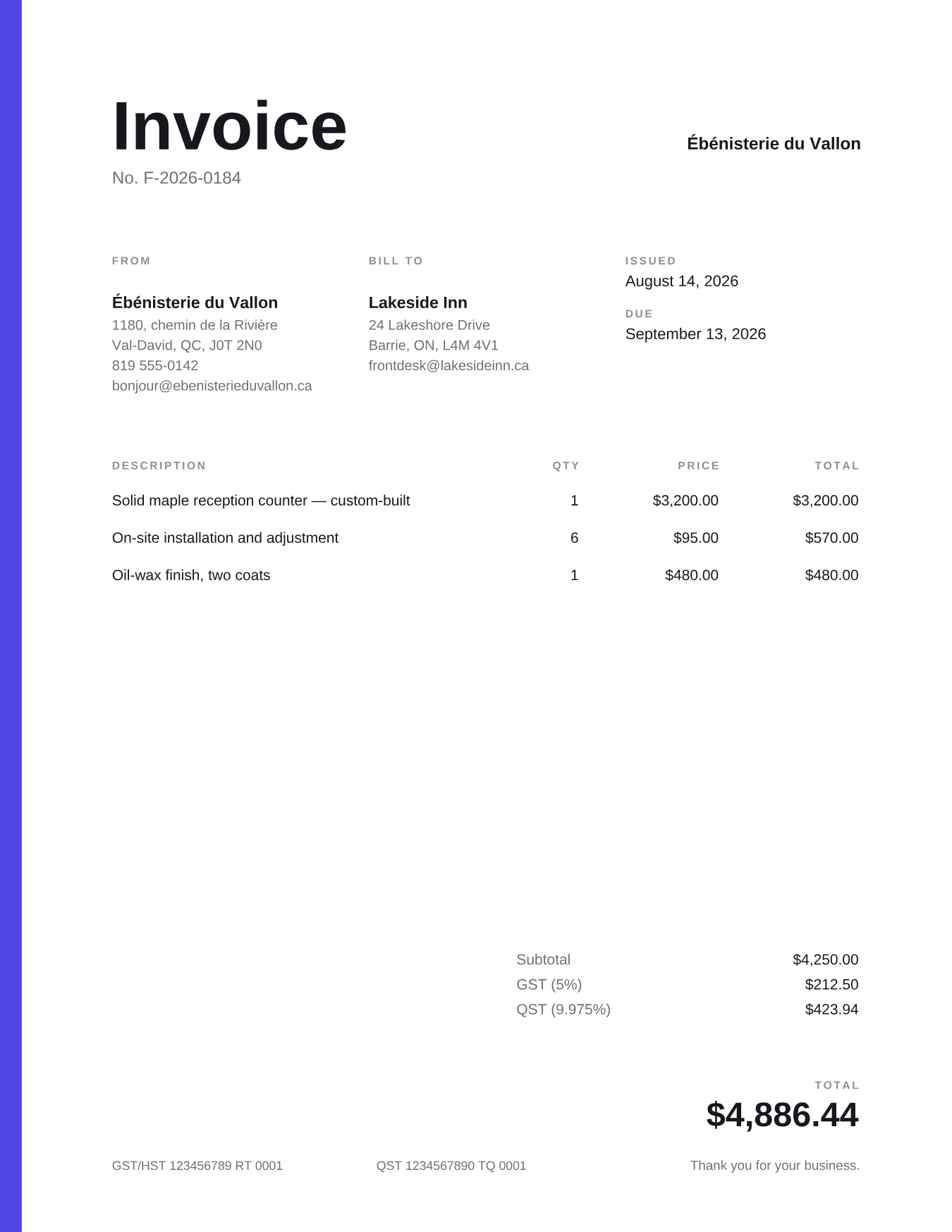Sample invoice rendered with the Marge template