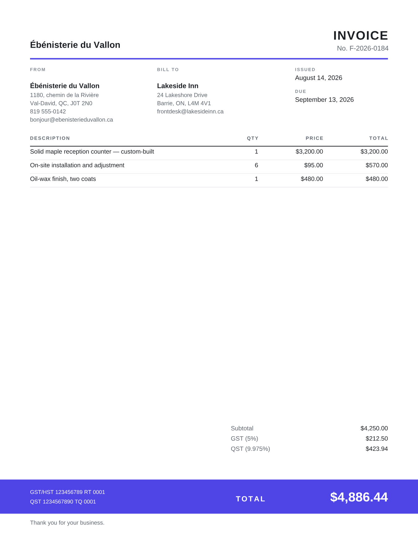 Sample invoice rendered with the Pied template