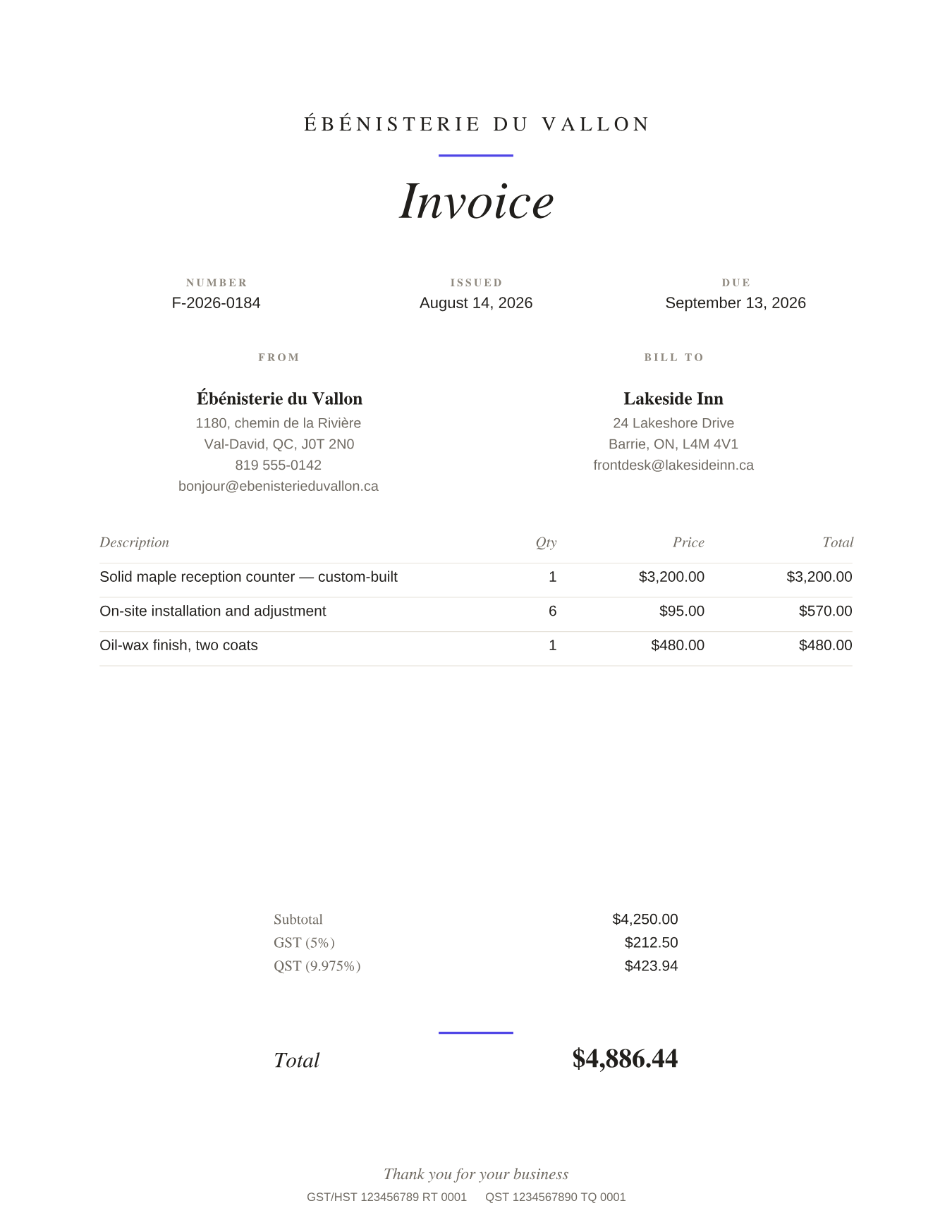 Sample invoice rendered with the Signature template