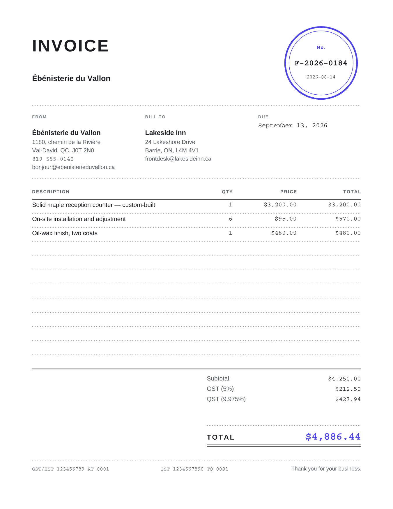 Sample invoice rendered with the Timbre template