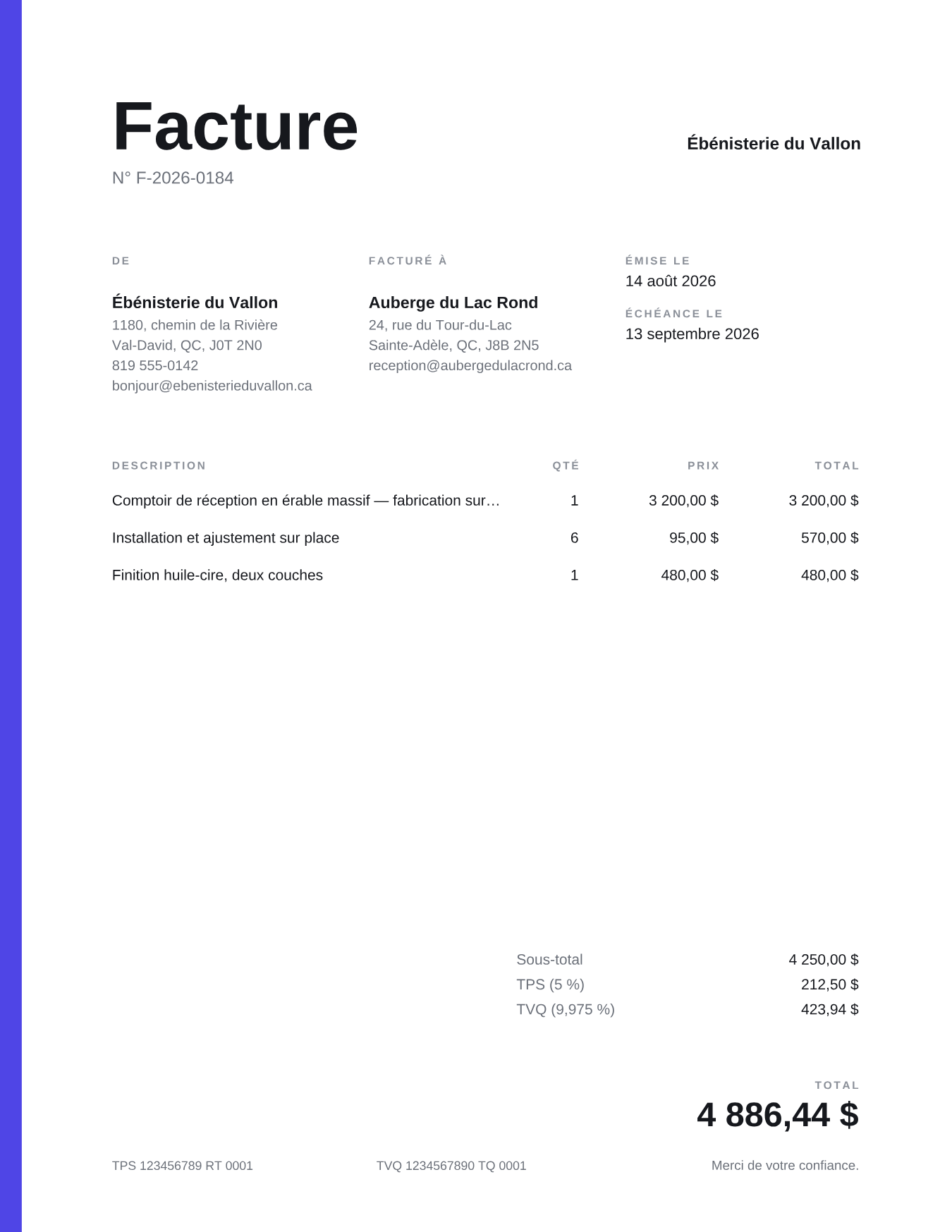 Facture d'exemple rendue avec le gabarit Marge