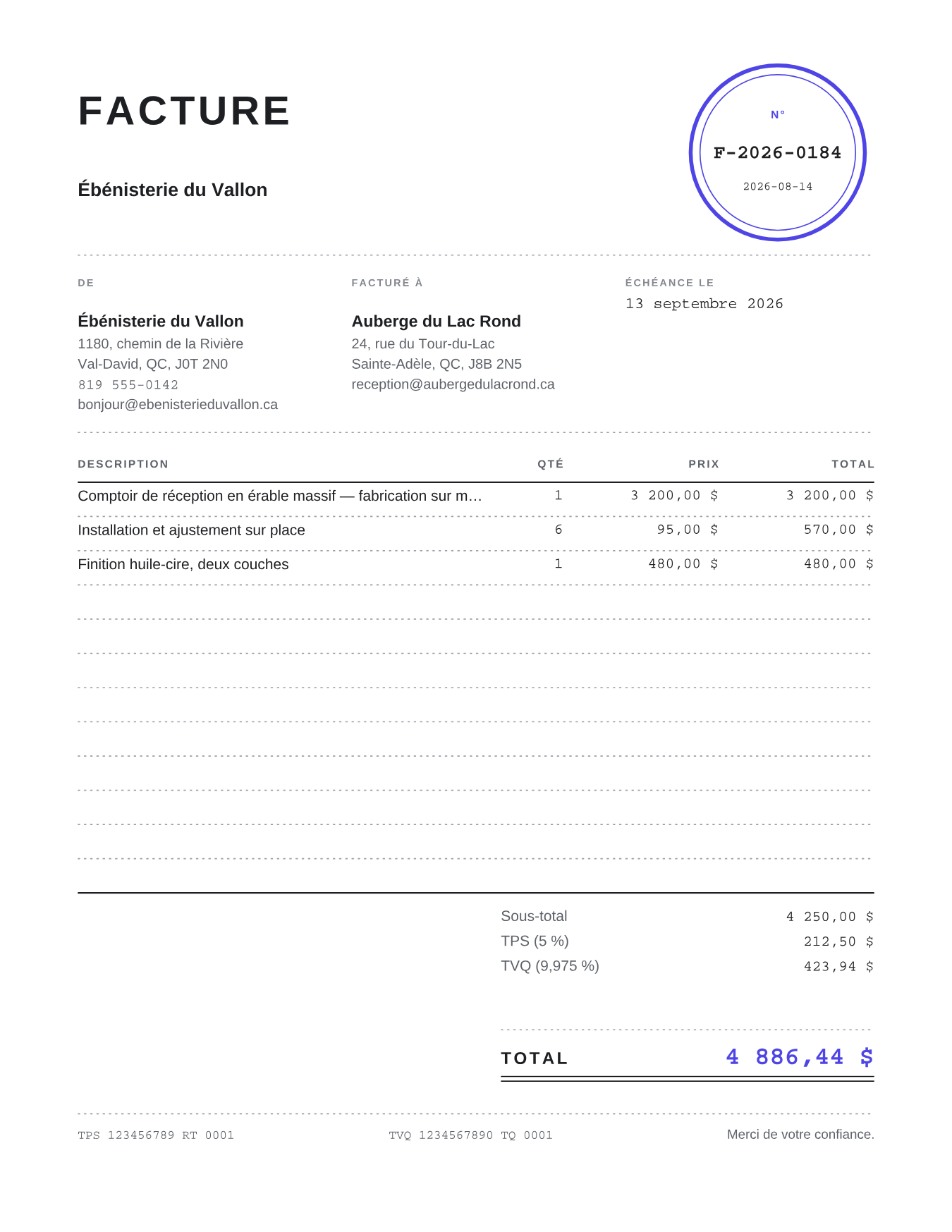 Facture d'exemple rendue avec le gabarit Timbre